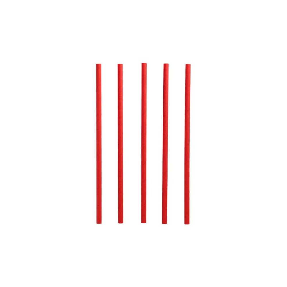 Fem røde PAPSTAR Shake-sugerør af papir, kendt for deres miljøvenlighed, er arrangeret vertikalt foran en enkel hvid baggrund.