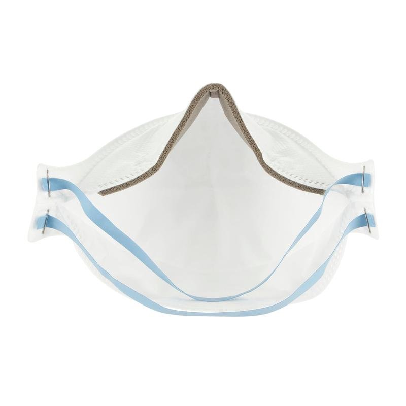 3M™ Aura™ Komfort-partikelmaske 9320+, FFP2, uden ventil (1 styk, 3M Deutschland GmbH) er en hvid engangsansigtsmaske med blå ørebøjler, der vises forfra for at vise dens indre overflade og struktur.