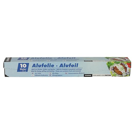 Starpak aluminiumsfolie i æske er en rektangulær 10 meter lang aluminiumsfolieæske med teksten 'Alufolie · Alufoil'. Den har et lyseblåt design med hvid og mørkeblå tekst, madbilleder på højre side og viser alsidige anvendelser.