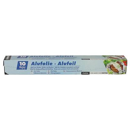Starpak aluminiumsfolie i æske er en rektangulær 10 meter lang aluminiumsfolieæske med teksten 'Alufolie · Alufoil'. Den har et lyseblåt design med hvid og mørkeblå tekst, madbilleder på højre side og viser alsidige anvendelser.