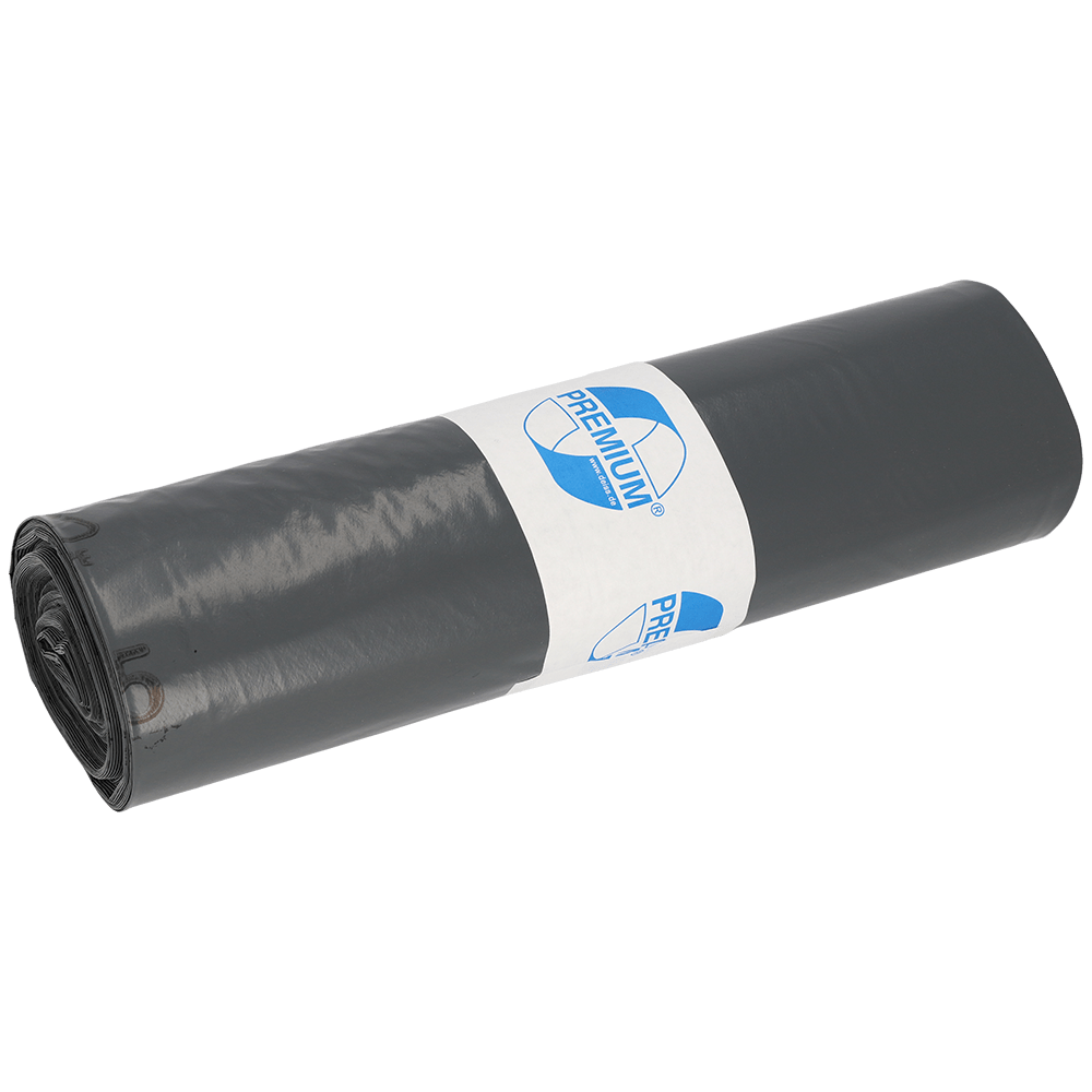 En rulle EMIL DEISS KG (GmbH + Co.) DEISS 14007 - 700x1100x0,07 mm grå affaldsposer (25 stykker), pakket i en hvid papiretikette med blå skrift og grafik, vises på en ensfarvet hvid baggrund.