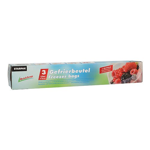 En rektangulær æske med Starpak 15 QuickSnap fryseposer 3L (28 x 27 cm), gennemsigtige fryseposer i en foldbar æske, med et billede af forskellige bær i en skål og den gennemsigtige folie på højre side af emballagen.