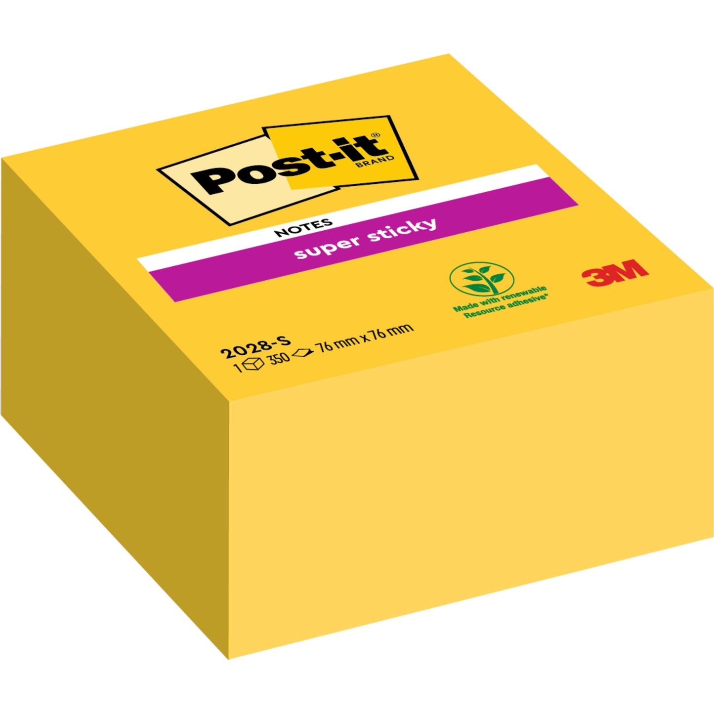 Die Post-it® Super Sticky Notes Würfel in Gelb von 3M Deutschland GmbH haben 350 Blatt (76 mm x 76 mm) und eine umweltfreundliche Verpackung.