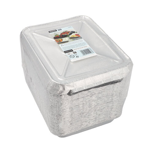 Ein Stapel Starpak 50 Menüschalen + Deckel, Alu von Starpak ist in Plastik verpackt und mit einem Produktetikett versehen – ideal für den Gastronomiebereich.