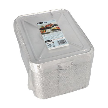 Ein Stapel Starpak 50 Menüschalen + Deckel, Alu – rechteckige Aluminiumschalen mit durchsichtigen Deckeln, in Plastik eingewickelt und mit Lebensmittelbildern und -informationen beschriftet – ideal für den Einsatz als Menüschalen im Gastronomiebereich.