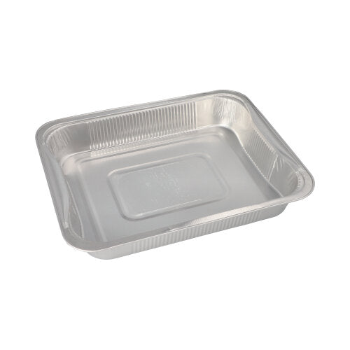 Starpak 3 Gastronorm-beholderen er en rektangulær engangsskål af aluminium (3,4 l, 5 x 26,2 x 32,2 cm), ideel til opbevaring af mad eller som GN-beholder. Billedet viser den tom på hvid baggrund. 3-pak i krympefolie.