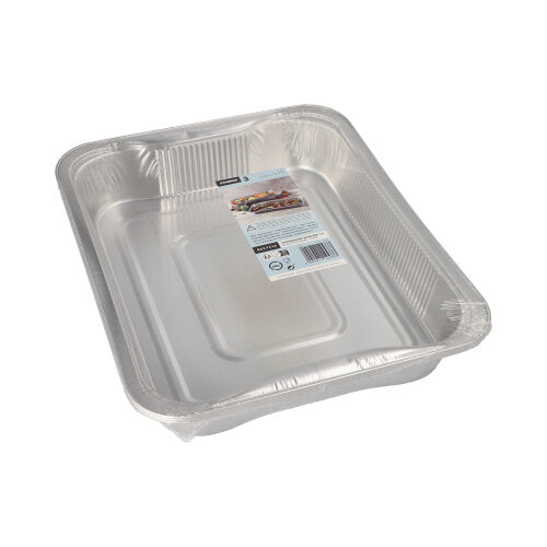 En pakke med 3 rektangulære Starpak-Gastronormbeholdere af aluminium (3,4 l, 5 x 26,2 x 32,2 cm), stablet og indpakket i krympefolie med en øverste etiket.