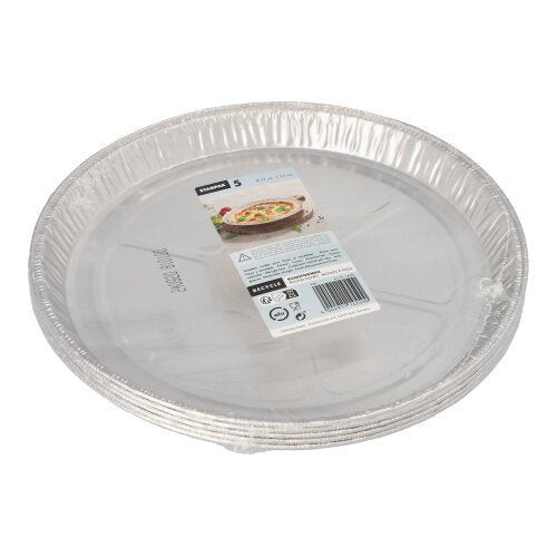 Fem runde Starpak-aluminium-bageforme (Ø 27 cm, 2,2 cm) er stablet og pakket ind i krympefolie. På en øverste etiket ses mærket, produktdetaljer og et billede af en bagt kage.