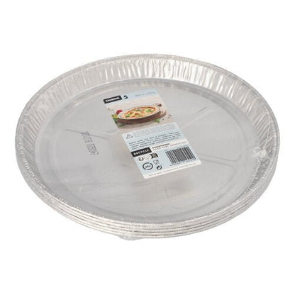 Fem runde Starpak-aluminium-bageforme (Ø 27 cm, 2,2 cm) er stablet og pakket ind i krympefolie. På en øverste etiket ses mærket, produktdetaljer og et billede af en bagt kage.