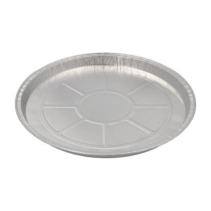 Starpak 25 Rundformer, Alu rund fra Starpak er en rund engangskageform af aluminium med glat midte og præget linjer – perfekt til bagning på grund af dens fremragende varmeledningsevne, afbildet på en hvid baggrund.