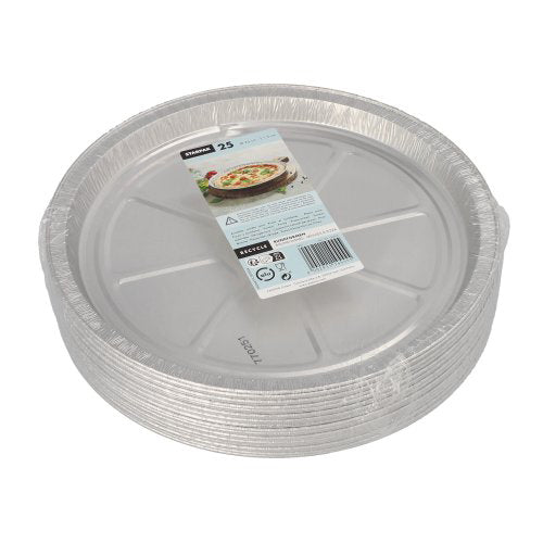 En stabel Starpak 25 Rundformer, Alu-rundbageforme er indpakket i plastik og har øverst et produktetiket med en pizza og oplysninger om varmens ledningsevne af artiklen.