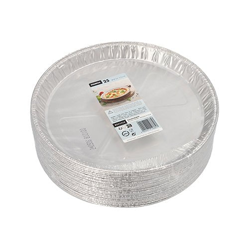 En stabel Starpak 25 Rundformer, Alu rund – runde engangs-aluminiumforme med let forhøjet kant, mærket med et madbillede, mængden (25) og stregkoder for fremragende varmeledningsevne. Mærke: Starpak.