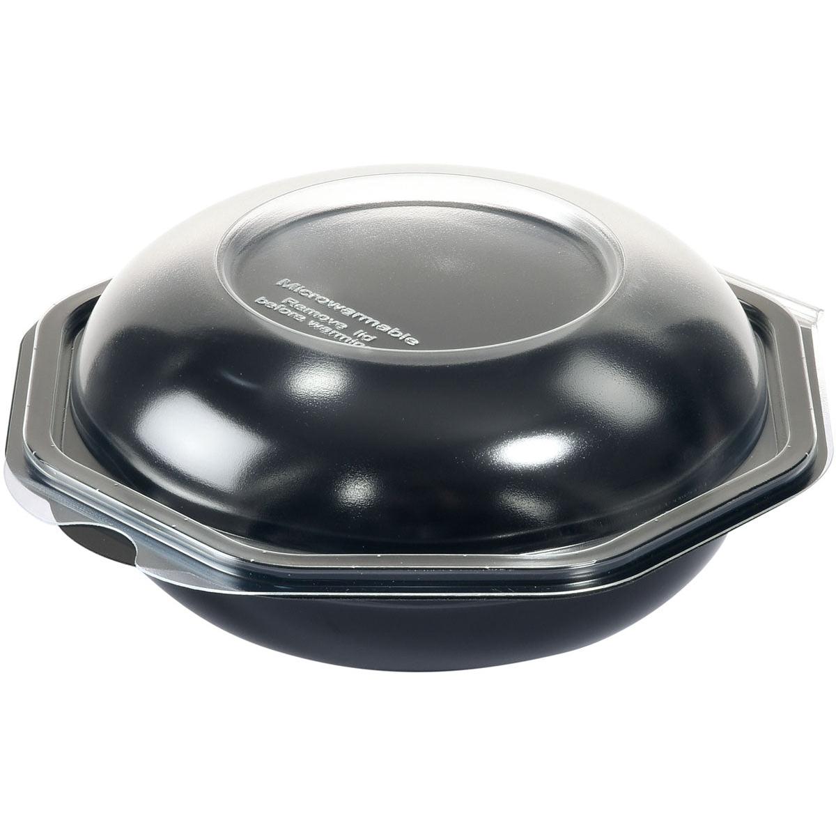 Billedet viser en Duni GmbH Octabowl® i sort/gennemsigtig (160x160x72 mm), en alsidig skål med et gennemsigtigt, buet låg, præsenteret tom på en hvid baggrund. Emballageenhed: 405 stk.