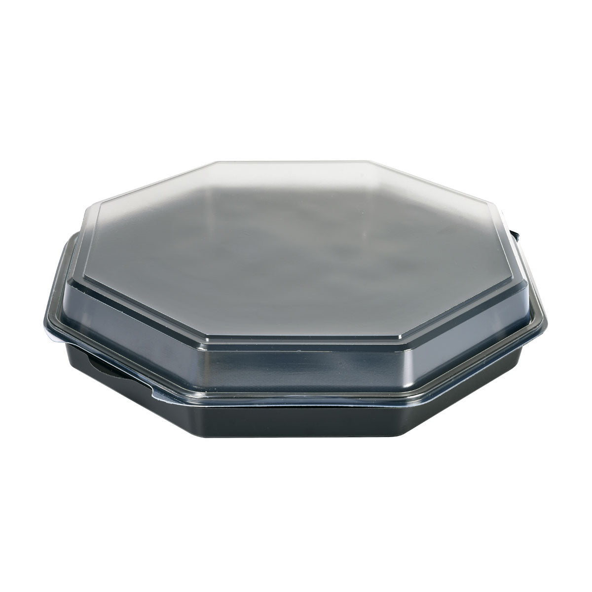En lukket Octaview® Sort/Transparent PS 305x305x60 Takeout-beholder fra Duni GmbH er afbildet på hvid baggrund og viser sit praktiske design til gastronomiemballager; pakken indeholder 75 stykker.