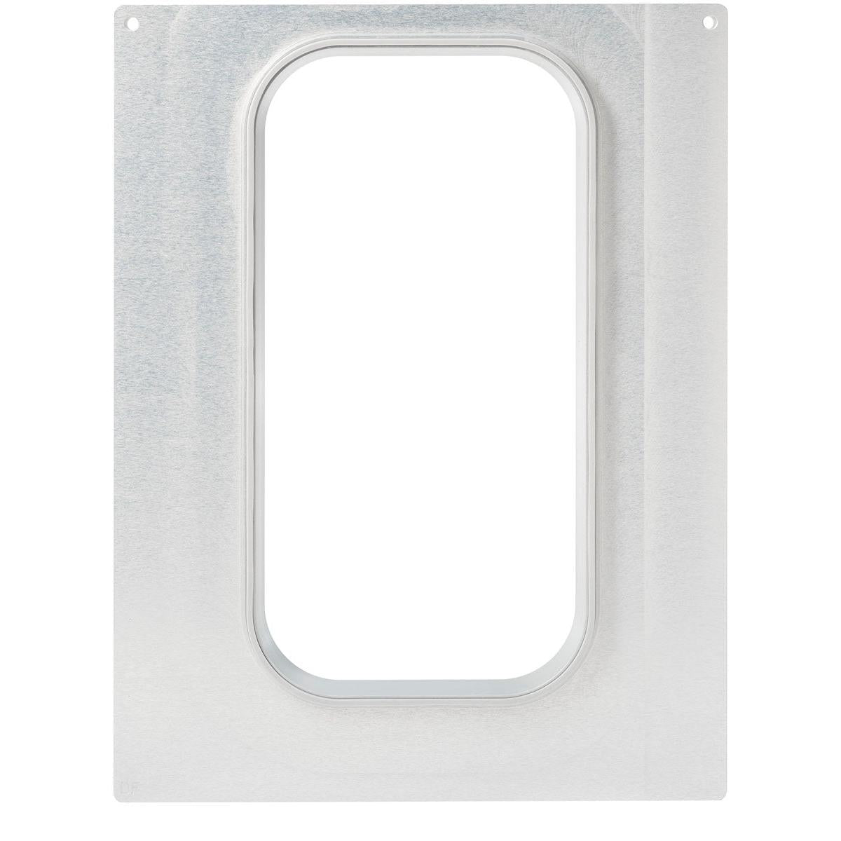 Eine rechteckige Metallplatte der Duni GmbH mit mittigem Rundausschnitt und vier Ecklöchern, ideal als Kassette DF15/25 für CPET Schalen 2400 ml - 1/3 GN Größe für Gastronomie Catering.