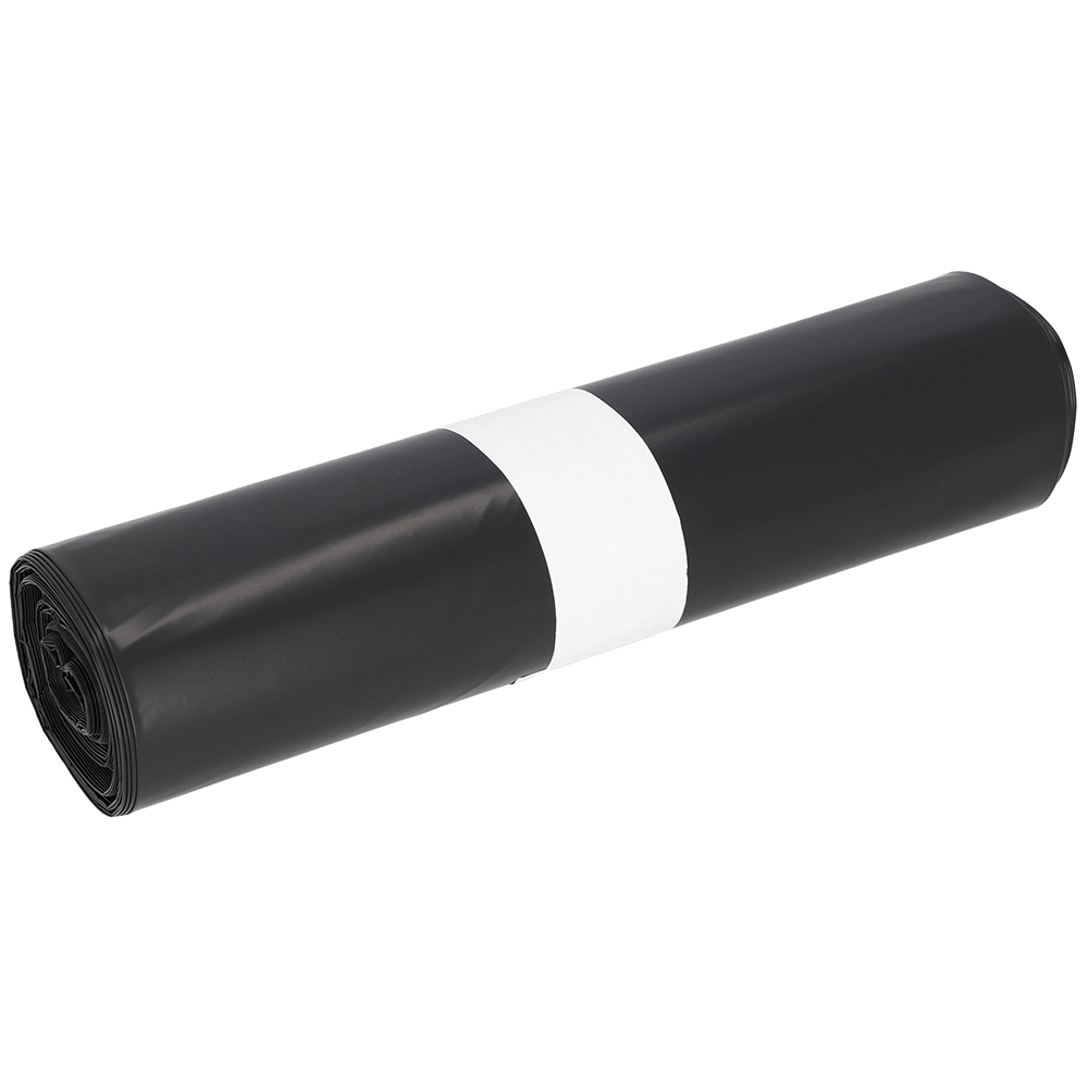 Afbildet er en rulle EMIL DEISS KG (GmbH + Co.) DEISS 15005 affaldsposer sort, 700x1100x0,06 mm (25 styk), med et hvidt papirbånd omkring midten, på en ensfarvet hvid baggrund.