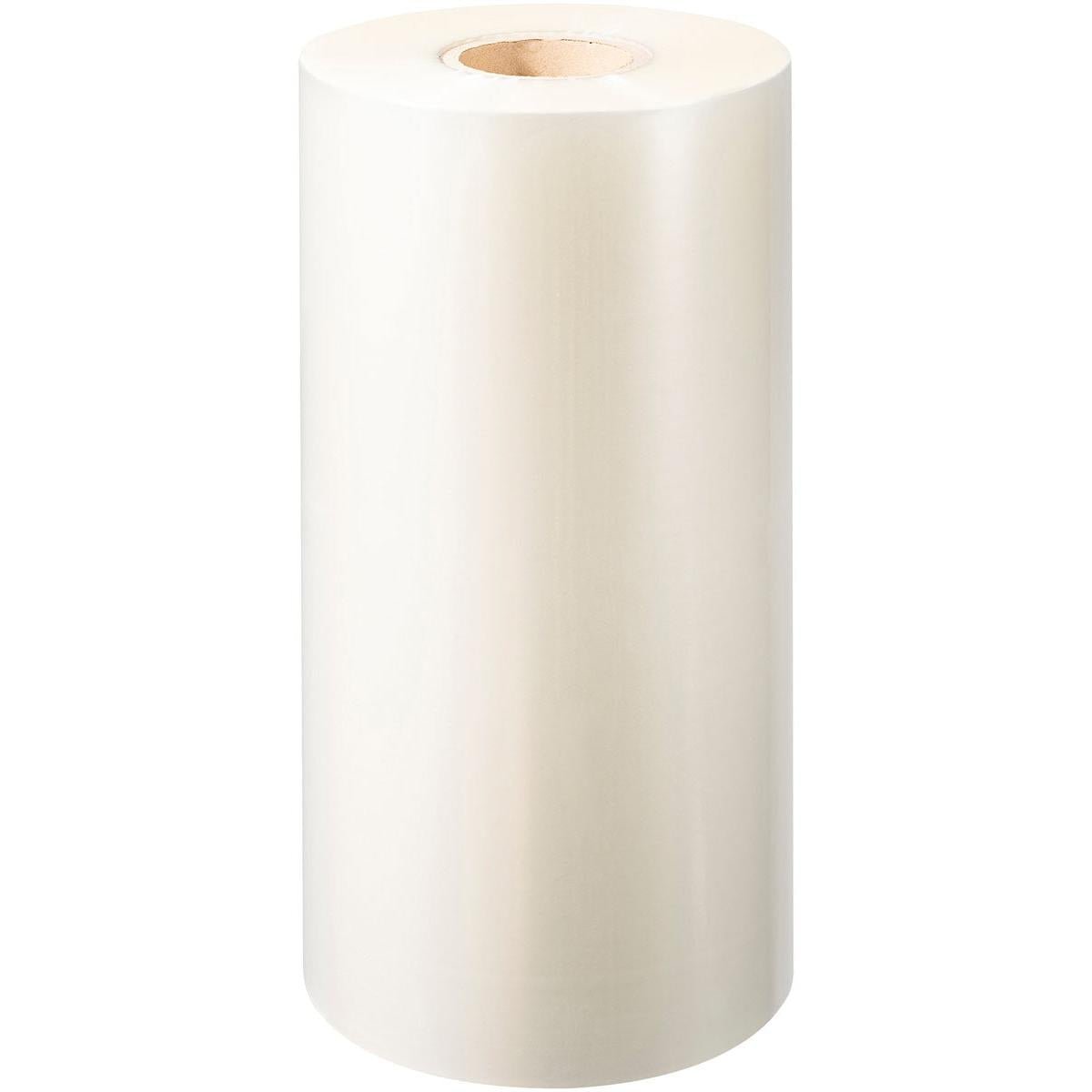 En stor, opretstående rulle af Duni GmbH PP-forseglingsfolie Antifog med en papkerne, ideel til fødevareemballage, præsenteres mod en enkel hvid baggrund.