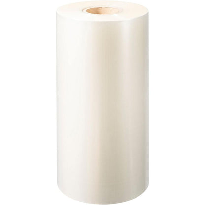 En stor, opretstående rulle af Duni GmbH PP-forseglingsfolie Antifog med en papkerne, ideel til fødevareemballage, præsenteres mod en enkel hvid baggrund.