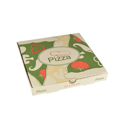 PAPSTAR 100 pizzakartoner, cellulose "pure" firkantet fra PAPSTAR GmbH er lukkede kartoner (24 x 24 cm) af ren cellulose med grønt/beige abstrakt mønster, røde accenter og printet "Pizza" på toppen og siden.