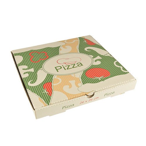 De PAPSTAR 100 pizzabokse fra PAPSTAR GmbH er firkantede, miljøvenlige bokse af ren cellulose med målene 26x26 cm. De er udsmykket med farverige pizza-grafikker i grøn, orange og rød samt teksten 'Pizza' på toppen og siderne.