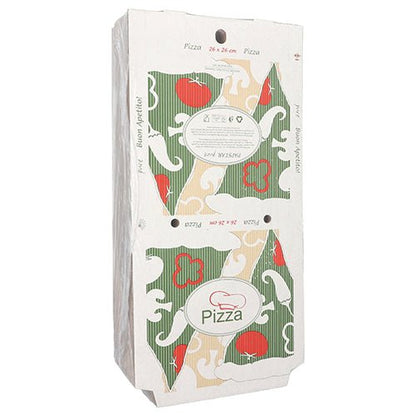 Den PAPSTAR 100 pizzakartoner "pure" firkantet fra PAPSTAR GmbH er en rektangulær, miljøvenlig cellulosekarton (26 x 26 cm) med grønt, beige og rødt tomat- og pebermotiv og teksten "Pizza", som er vist lodret på billedet.