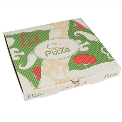 De PAPSTAR 100 pizzabokse fra PAPSTAR GmbH imponerer med deres farverige design med grønne striber, røde tomater, hvide champignoner og teksten 'Pizza' på låget. Fremstillet af ren cellulose, måler hver boks 28 x 28 cm og er miljøvenlig.