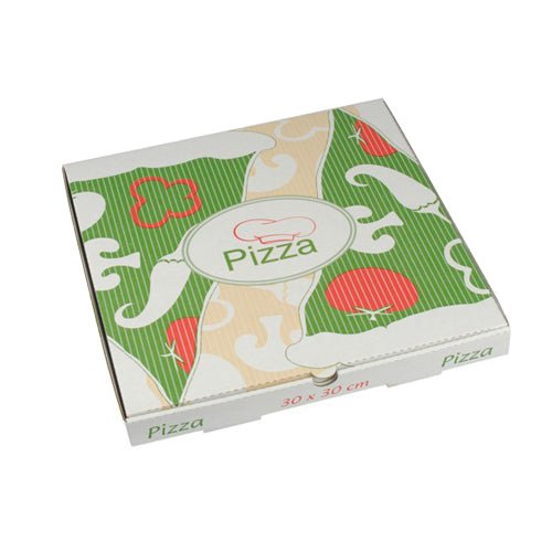 Den PAPSTAR 100 pizzabokse, cellulose 'pure' firkantet fra PAPSTAR GmbH er en lukket, firkantet boks (30 x 30 cm) med grøn-beige og røde tomat- og svampemotiver samt teksten 'Pizza' i midten. Fremstillet af miljøvenlig ren cellulose.