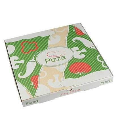 Afbildet er en lukket PAPSTAR 100 pizzaboks fra PAPSTAR GmbH lavet af ren cellulose i et farverigt veggie-design i grøn, rød og beige med teksten 'Pizza' på låget og siden; målene er 33 x 33 cm.