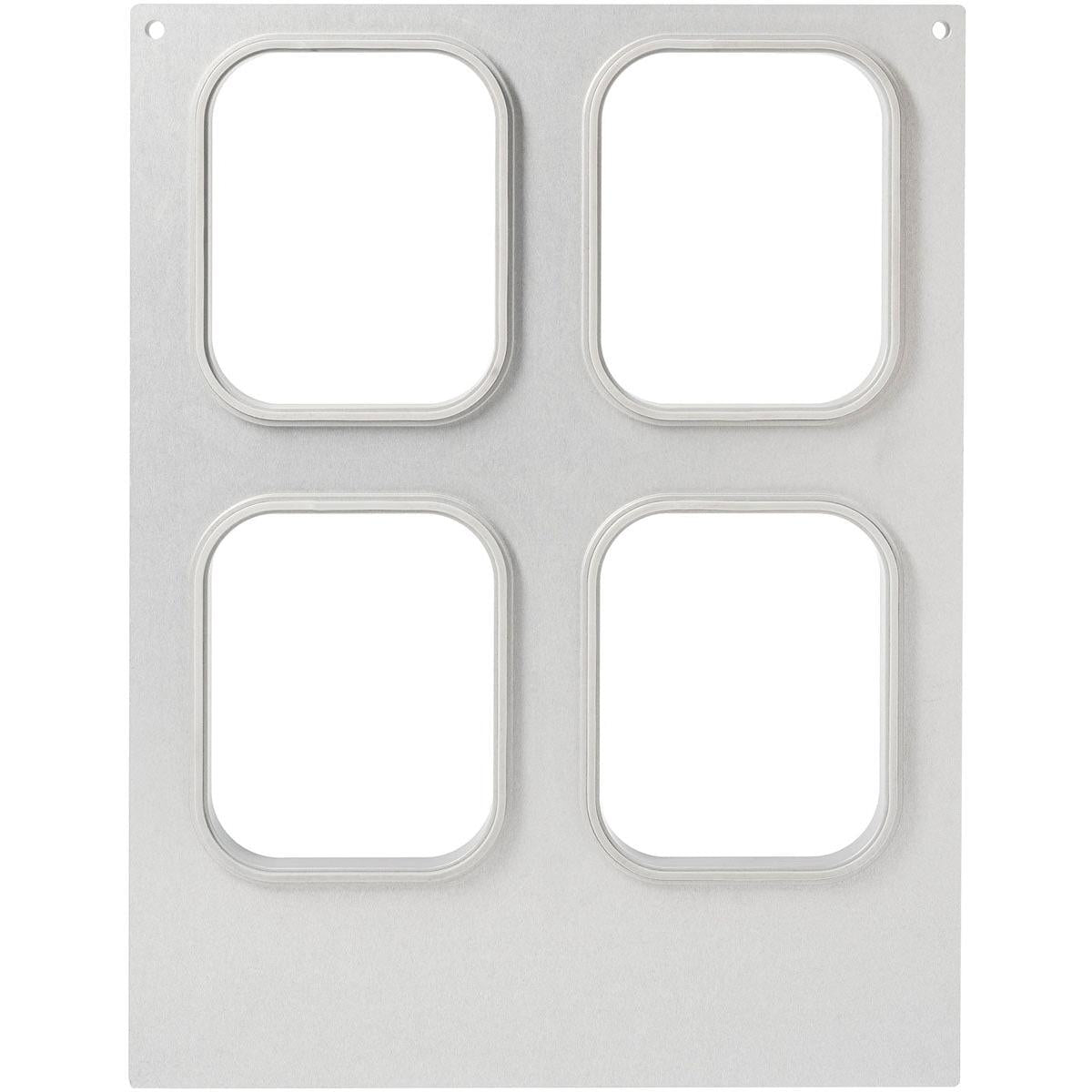 Kassetten til PP-skåle 350-630 ml, 4-brug fra Duni GmbH er en rektangulær metalkasse med fire afrundede fordybninger i en 2x2 arrangement og to små huller i de øverste hjørner til praktisk opbevaring.