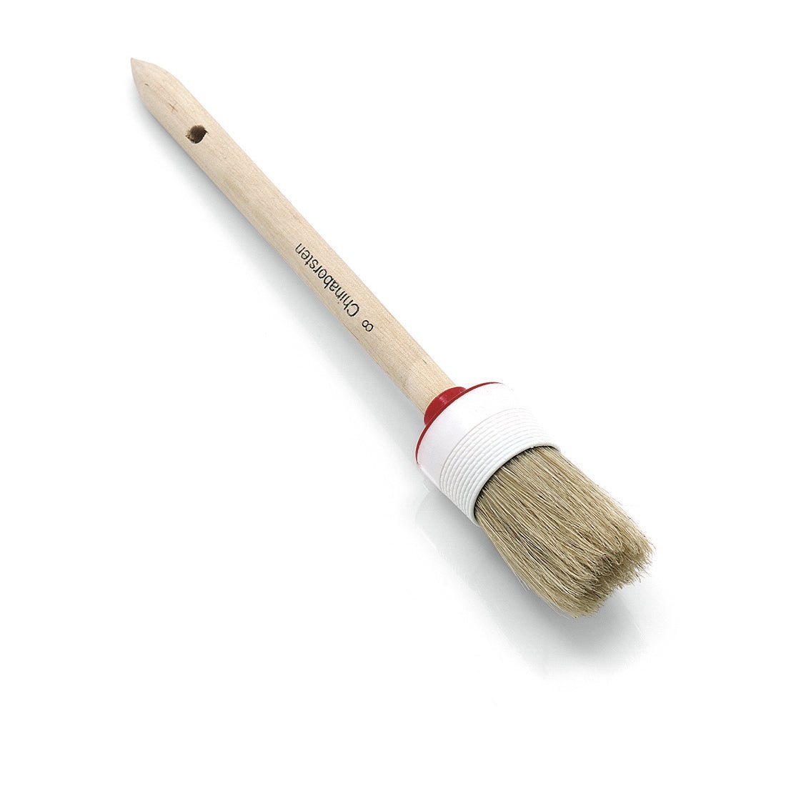 Den Nölle Profi Brush industrieringpensel med lys børsteblanding, plastbeslag, lyst træhåndtag, rød ring og ophængshul er afbildet på hvid baggrund. Mærke: Nölle Profi Brush Børste- & Penselteknik e.K.