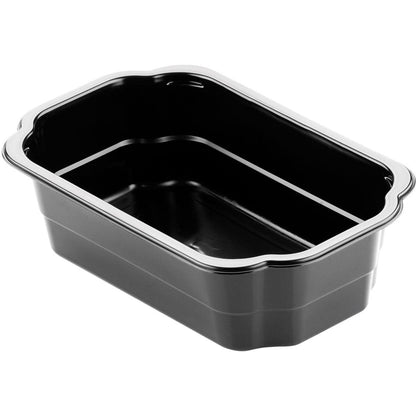 Duni GmbH PP-skål Take-Away Sort PP 250x159 er en sort, rektangulær madbeholder til at tage med, med afrundede kanter og skinnende overflade, vist tom mod hvid baggrund.