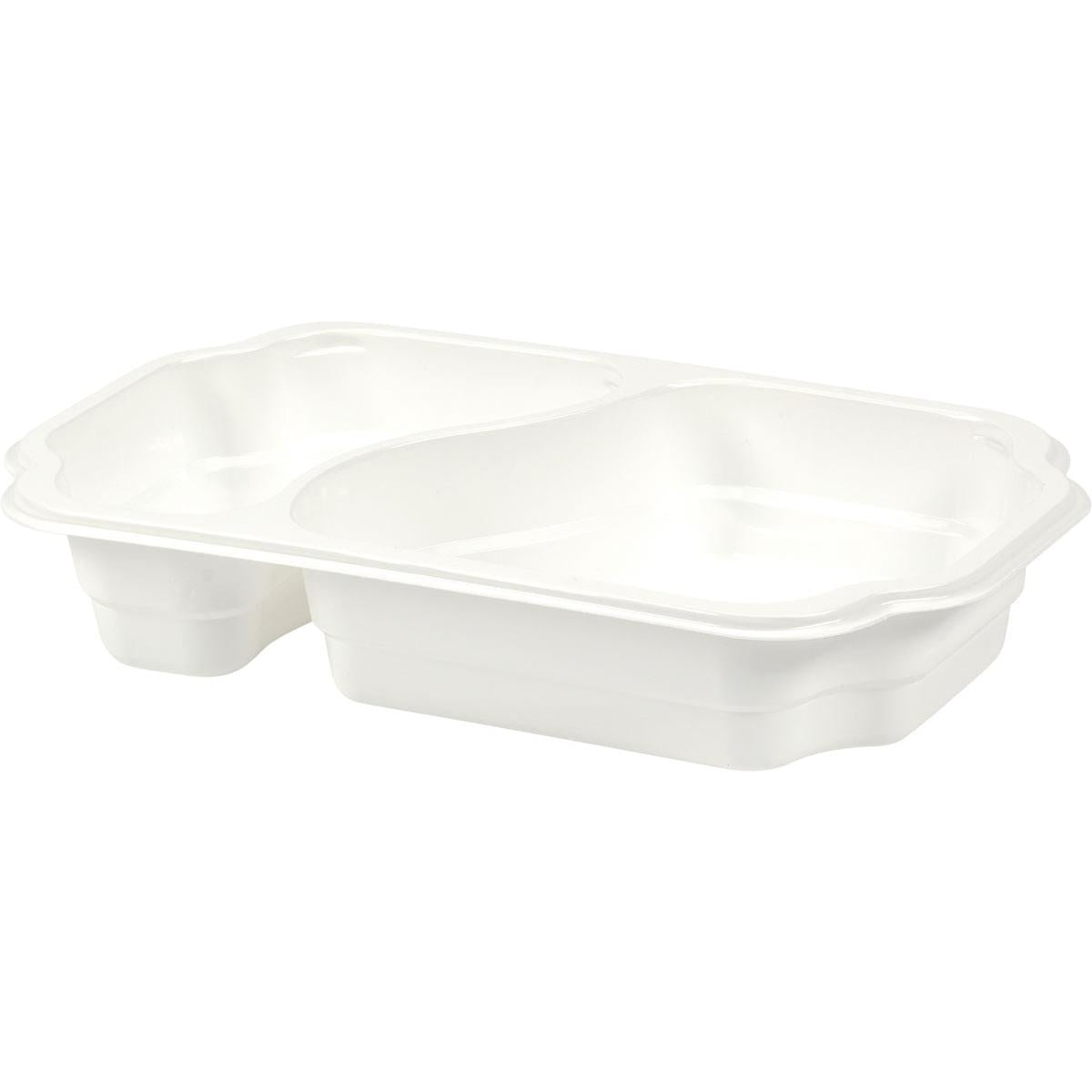 En hvid, rektangulær PP-bakke Take-Away 250x159x45 mm fra Duni GmbH med to rum, fødevaregodkendt, pakke med 246 stykker - ideel til snacks, fra en let forhøjet vinkel mod en neutral baggrund.