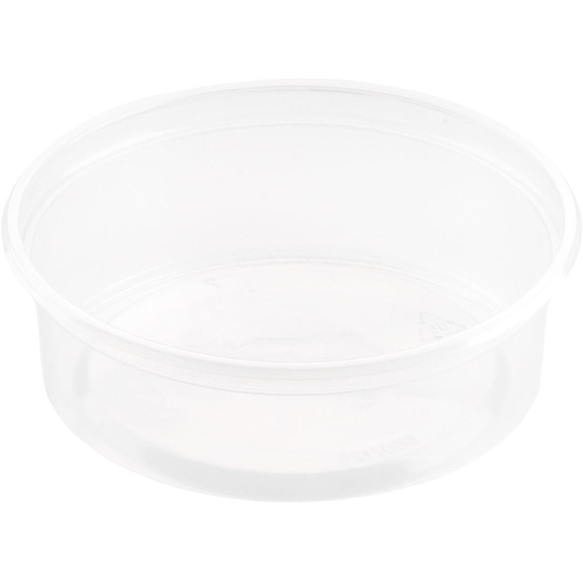 En klar, rund Delipack Transparent PP 101x101 beholder fra Duni GmbH (pakke med 50 stykker), glatte sider, uden låg, ideel til opbevaring af mad, vist tom på hvid baggrund.