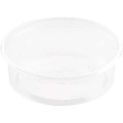 En klar, rund Delipack Transparent PP 101x101 beholder fra Duni GmbH (pakke med 50 stykker), glatte sider, uden låg, ideel til opbevaring af mad, vist tom på hvid baggrund.