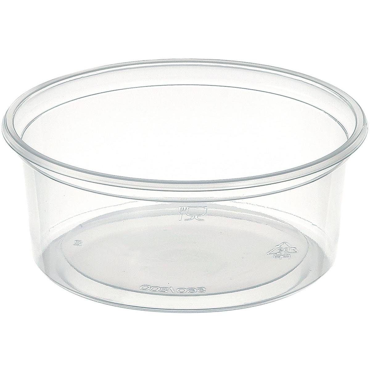 En klar, rund Delipack rund Transparent PP 101x101 beholder fra Duni GmbH (pakke: 50 stykker) med glat kant og uden låg står på hvid baggrund. Genbrugs- og fødevaresikre symboler er synlige - ideel til opbevaring.