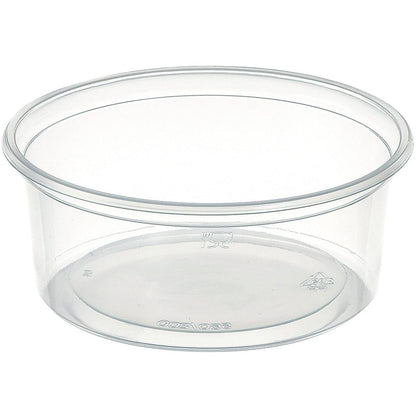 En klar, rund Delipack rund Transparent PP 101x101 beholder fra Duni GmbH (pakke: 50 stykker) med glat kant og uden låg står på hvid baggrund. Genbrugs- og fødevaresikre symboler er synlige - ideel til opbevaring.