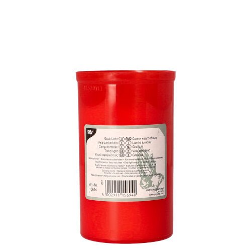 Cylindrisk PAPSTAR gravlys T3 mindelys med rød plastikhus (Ø 6,4 cm, højde 10 cm) og hvidt etiket med tekst, symboler, stregkode og grafik. Ideel til brug på kirkegården. Mærke: PAPSTAR GmbH.