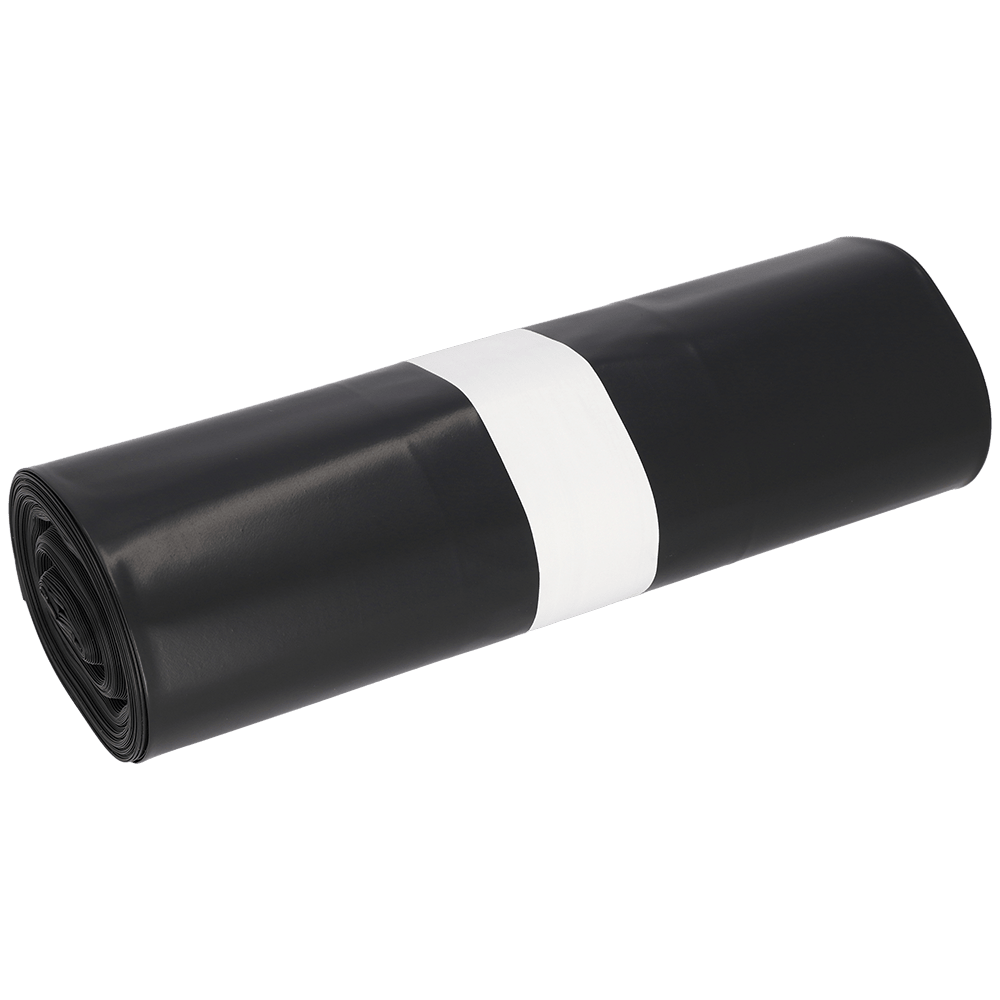 Afbildet er en oprullet DEISS affaldssæk 575x1000x0,01 mm af LDPE 70 l fra EMIL DEISS KG (GmbH + Co.), sikret med en hvid papirbånd, på en ensfarvet hvid baggrund.