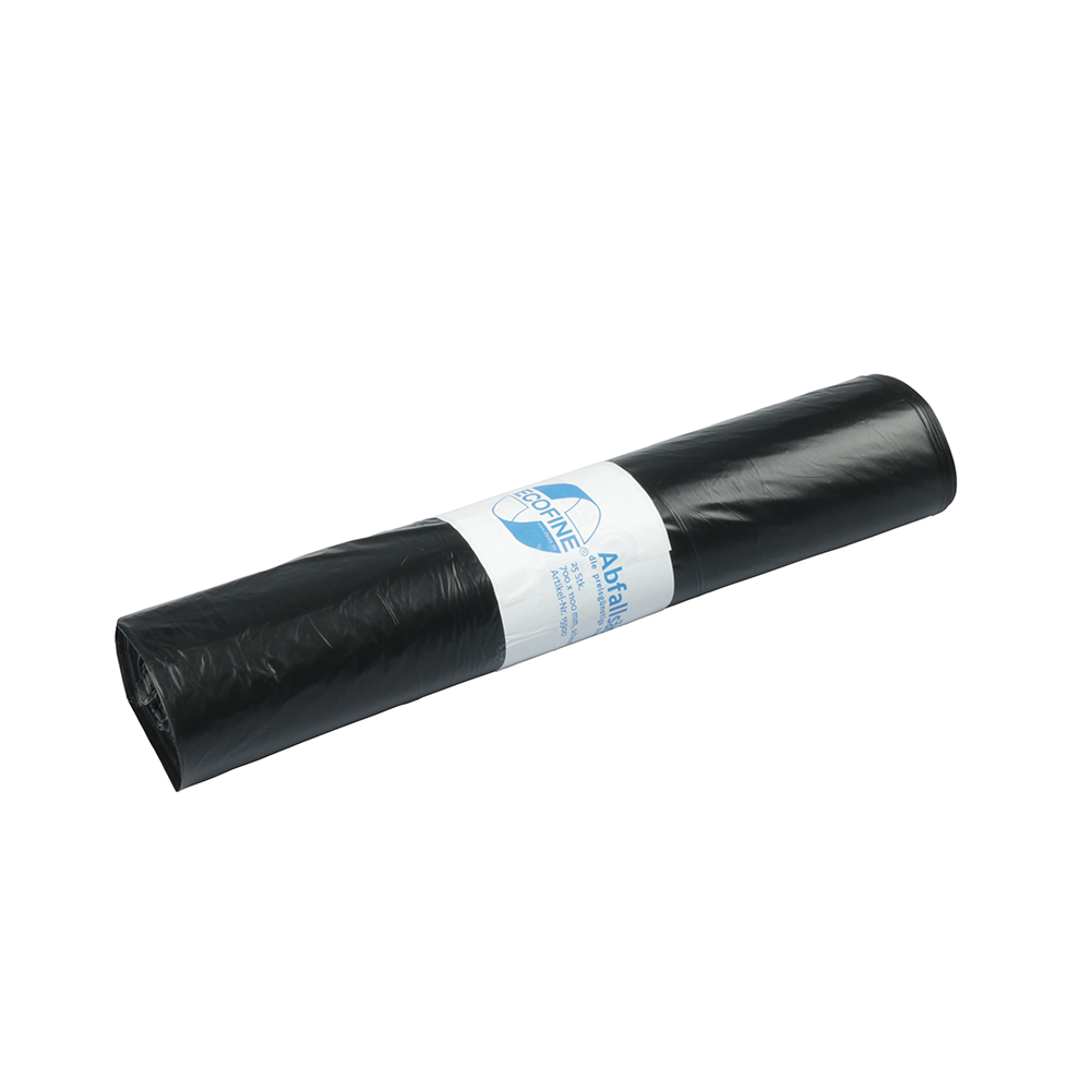 En rulle DEISS ECOFINE® affaldssække 13900 lavet af genbrugs-LDPE/LLDPE, 120 liter, fra EMIL DEISS KG (GmbH + Co.), med hvid etiket, til miljøvenlig bortskaffelse set på hvid baggrund.