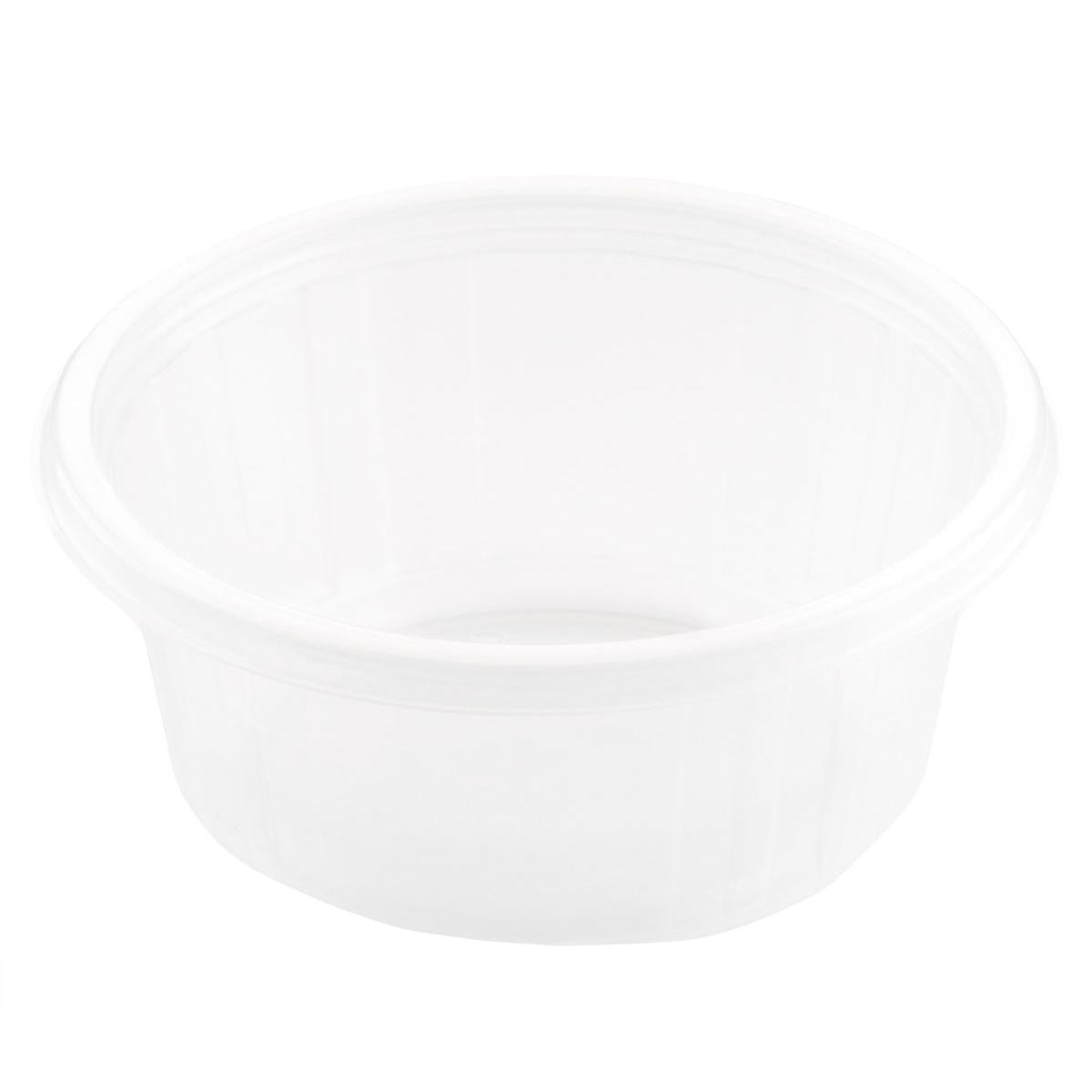 Fixpack® rund Transparent PP-beholderen fra Duni GmbH er en klar, rund tom beholder med let forhøjet kant, vist i skrå fugleperspektiv på en ensfarvet hvid baggrund.