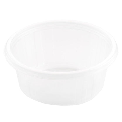 Fixpack® rund Transparent PP-beholderen fra Duni GmbH er en klar, rund tom beholder med let forhøjet kant, vist i skrå fugleperspektiv på en ensfarvet hvid baggrund.