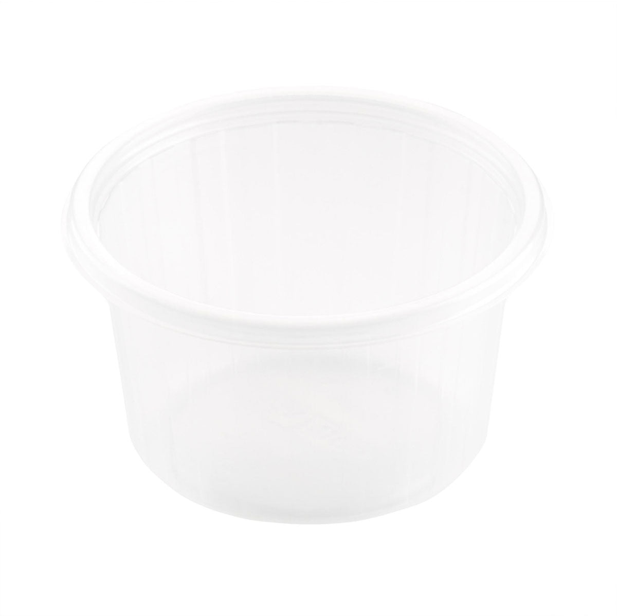 Afbildet er en klar, tom Fixpack® rund Transparent PP-beholder fra Duni GmbH i rund form, set fra en let forhøjet vinkel foran en hvid baggrund.
