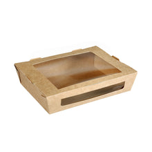 Menuæsken med PLA-vindue 1200 ml fra Duni GmbH af brun karton (200x155x45 mm), fotograferet tom og delvist åbnet på hvid baggrund - en bæredygtig emballage, ideel til miljøbevidst opbevaring.