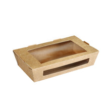 En rektangulær 900 ml menuboks med PLA-vindue af brun karton fra Duni GmbH (200x120x45 mm, pakke à 250 stykker) ligger på hvid baggrund. Vinduerne er placeret øverst og foran. Den er biologisk nedbrydelig.