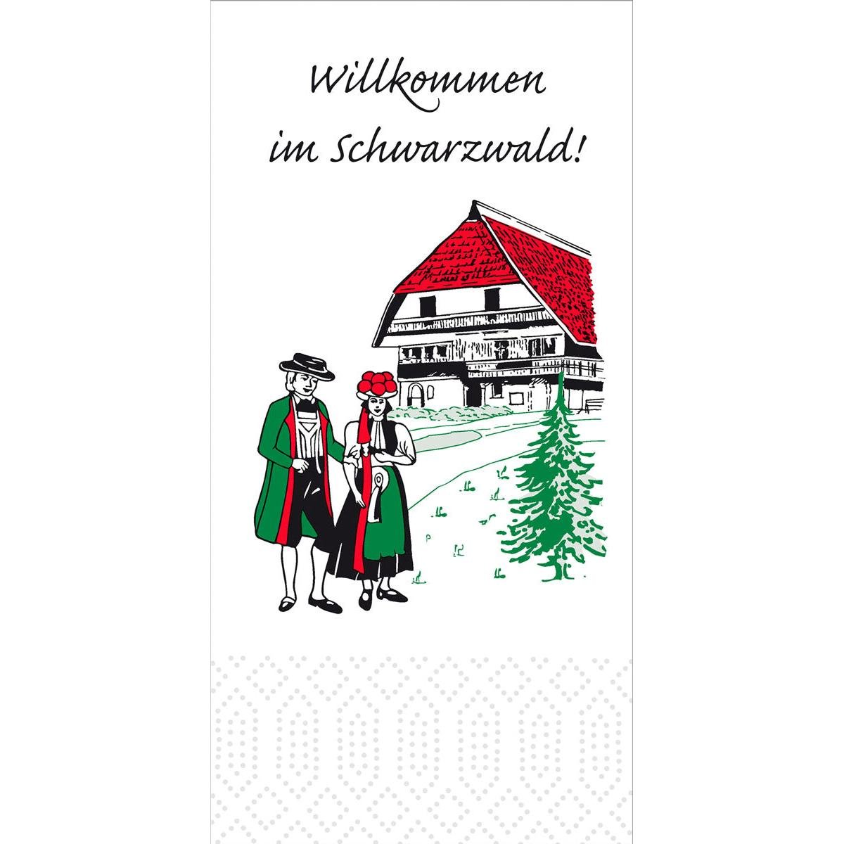 Illustration af et par i Schwarzwald-dragt ved et hus med rødt tag med "Velkommen til Schwarzwald" - ideel til Duni GmbH Zellt.-servietter 33x33 cm, 3-lags, Schwarzwald (pakke med 250 servietter).