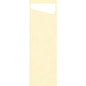 Der Sacchetto Slim Dunisoft 230 x 70 mm von Duni GmbH ist ein hohes, hellbeige strukturiertes Rechteck mit einem weißen, abgerundeten Rechteckausschnitt - perfekt für moderne Tischdekoration oder als stilvolle Bestecktasche.
