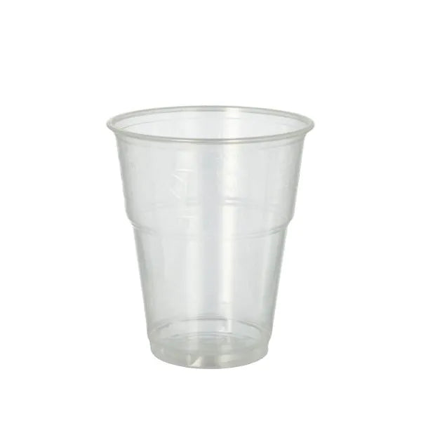 Der PAPSTAR GmbH 70 Kaltgetränkebecher, PLA "pure" glasklar mit Schaumrand, ist ein umweltfreundliches Becher-Ideal zum Servieren von Kaltgetränken und hier leer vor einem schlichten weißen Hintergrund abgebildet.