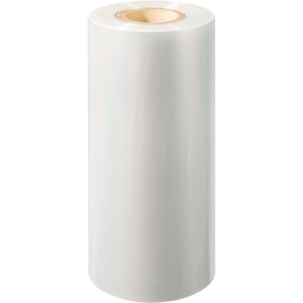 Eine große Rolle PET-Siegelfolie Antifog PET der Duni GmbH mit Pappkern steht aufrecht vor einem weißen Hintergrund.