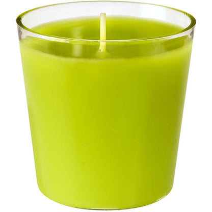 Die Nachfüller Switch & Shine von Duni GmbH, eine grüne Nachfüllkerze (ca. 30h, 65x65 mm) in einem klaren Glashalter mit einem Docht, wird vor einem schlichten weißen Hintergrund präsentiert.