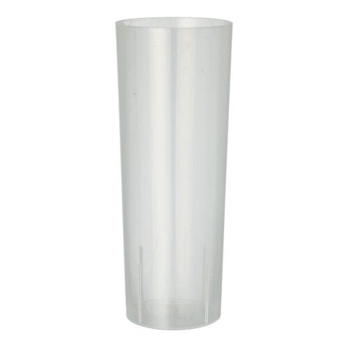 Starpak 10-genbrugsglasset til longdrinks fra mærket Starpak står tomt og oprejst på en enkel hvid baggrund – det miljøvenlige, cylindriske plastglas er perfekt egnet til longdrinks.